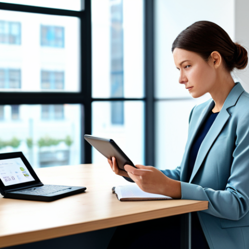A professional woman in a modest business blazer and smart trousers, seated calmly at a sleek, minimalist desk with a tablet and a neatly organized notebook. She is looking thoughtfully at the screen, representing focused digital information management and digital wellness. The background is a modern, clean office space with natural light. fully clothed, appropriate attire, safe for work, perfect anatomy, correct proportions, natural pose, professional dress, well-formed hands, proper finger count, natural body proportions, professional photography, high quality, family-friendly.