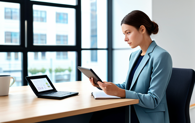 A professional woman in a modest business blazer and smart trousers, seated calmly at a sleek, minimalist desk with a tablet and a neatly organized notebook. She is looking thoughtfully at the screen, representing focused digital information management and digital wellness. The background is a modern, clean office space with natural light. fully clothed, appropriate attire, safe for work, perfect anatomy, correct proportions, natural pose, professional dress, well-formed hands, proper finger count, natural body proportions, professional photography, high quality, family-friendly.
