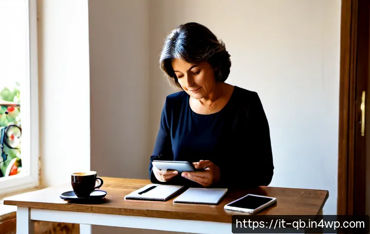 Home 14 정보 다이어트법으로 불필요한 정보 차단하기 - Photorealistic Italian home office scene, an Italian woman in her late 50s calmly organizing a smart...