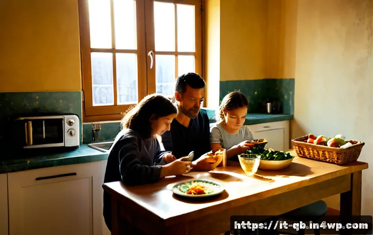 정보 다이어트법과 가족과의 관계 - Photorealistic Italian family in a warm sunlit apartment kitchen, parents and teenage daughter placi...